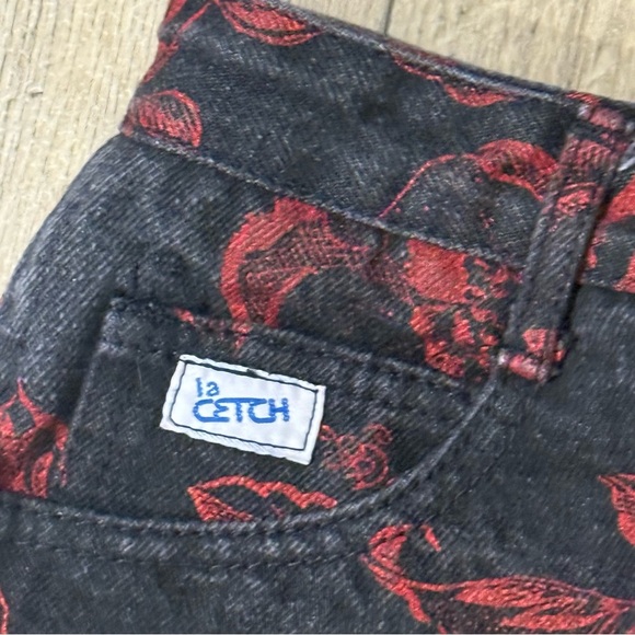 1980’s Vintage La Cetch Red Floral Black Pants Size 7 100% Cotton EUC - Picture 2 of 5